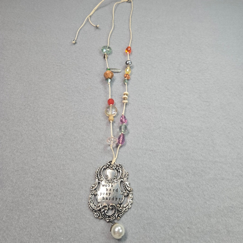 Plunder Simple Long Women's "Work Hard Pray Harder" Pendant Beaded Necklace BOHO